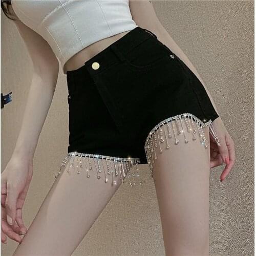 Heavy Industry High Waist Denim Shorts Womens 2021 Summer Wear New Black Slim Slim Show High Tassel Nail Drill Hot Pants Fashio