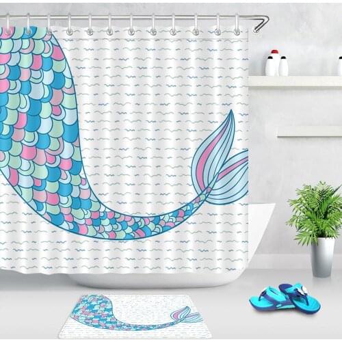 Mermaid Shower Curtain For Bathroom Cartoon Mermaid Tail Print Bathtub Curtains Waterproof Polyester Bath Curtain with Hooks