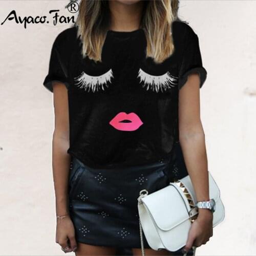 Plus Size 5XL Cute Eye Lashes Red Lip Print Women T-Shirts Summer Milk Silk O-Neck Short Sleeve T-Shirt Ladies White Black Tops