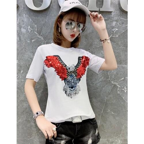 GGRIGHT 2021 Summer T Shirts Tops Women T-Shirt Cotton Tshirt Animal Sequined White Short Sleeve Vetement Femme Korean Clothes