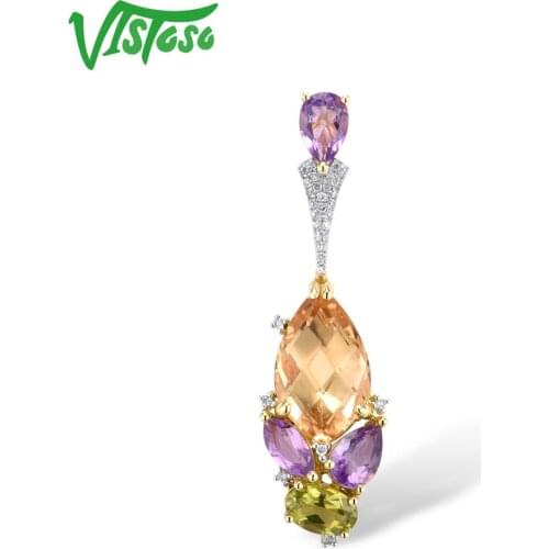 VISTOSO Pure 14K Yellow Gold Pendant For Lady limpid Citrine Amethyst Peridot Shiny Diamond Pendant Party Elegant Fine Jewelry