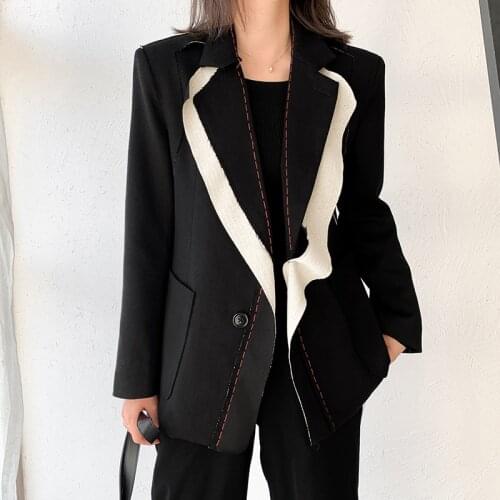 Women Black Contrast Color Burr Blazer Spring Autumn 2021 Loose Big Pocket Lapel Long Sleeve Suit Jacket Casual Female Outerwear