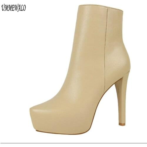 UMMEWALO Ankle Length Boots Women Fashion Pointed Toe PU Leather High Heel Shoes Winter Ankle Boots Ladies Shoes 9657-5