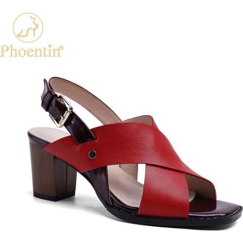 Phoentin women sandals thick high heels ladies genuine leather shoes summer square toe office shoes plus size 34-42 red FT1130
