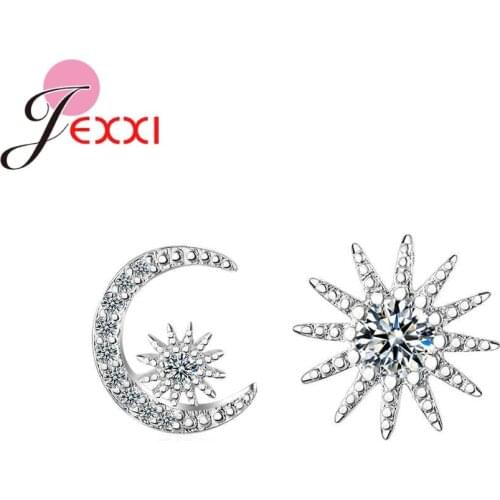 New Design Sun and Moon Shaped Filled Clear Crystals Real 925 Sterling Silver Stud Earrings For Girls Women Party Brincos