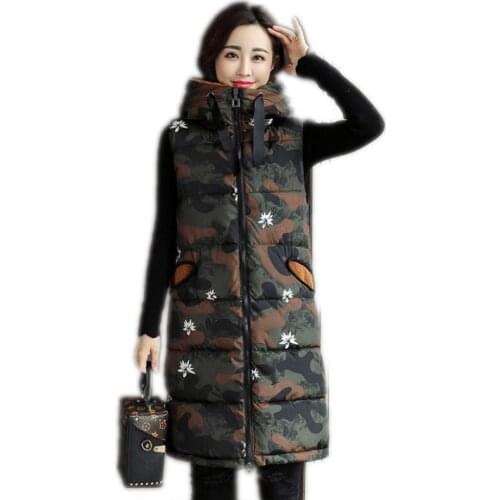 Fashion Print Camouflage Women Winter Vest Fmale Hooded Down Cotton Waistcoat Medium-Long Female Warm Loose Vest 2018 New Q931