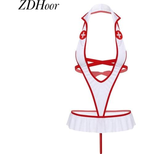 Women Sexy Nurse Cosplay Uniform Lingerie Set Sleeveless Backless Lace-up Leotard Bodysuit with Headband Role Play Nightwear