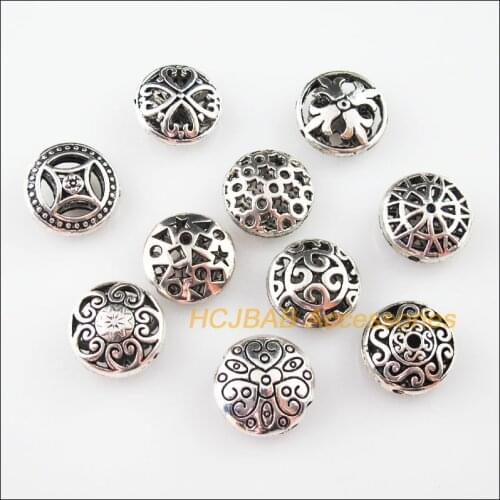 10Pcs Mixed Antiqued Tibetan Silver Color Round Flat Spacer Beads Charms Jewelry Craft DIY
