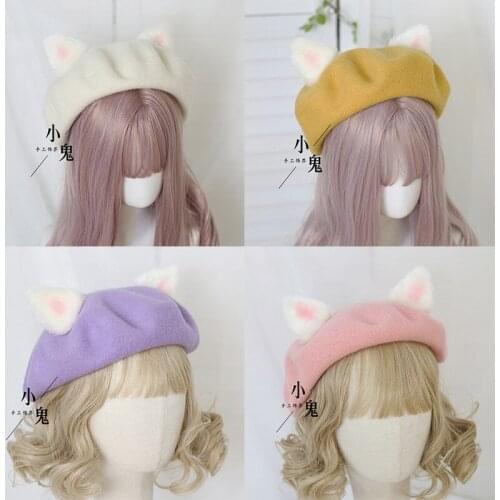 2021 Fashion Womens Japanese Sweet Lovely Painter Hat 9 Colors Soft Girl Super Cute Cat Ear Woolen Lolita Beret Winter Flat Cap