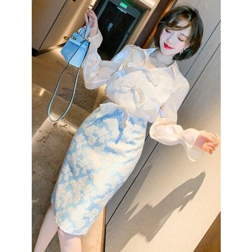 Bowknot horn hammer drill sleeve shirt + jacquard High waist skirt suits ladies' spring 2021 new High Quality Top Quality