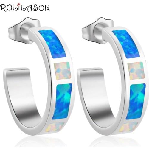 Brinco Anniversary gifts for Lover Wholesale & Retail Blue & White Fire Opal Silver Stamped Hoop Earrings Fashion Jewelry OE458