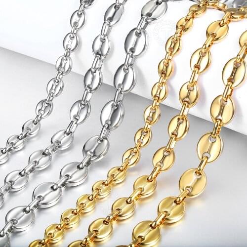 7/9/11mm Coffee Beans Necklace for Men Women Gold Silver Color Stainless Steel Marina Link Chain Fashion Jewelry Gift LKN623