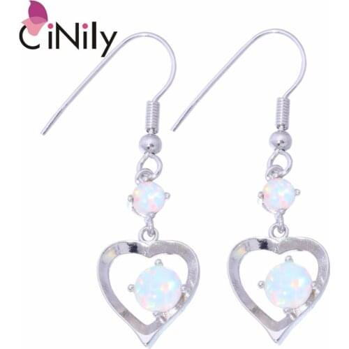 CiNily Created White Fire Opal Silver Plated Wholesale Hot Heart for Women Jewelry LOVE GIFT Dangle Earrings 1 5/8" OH3509