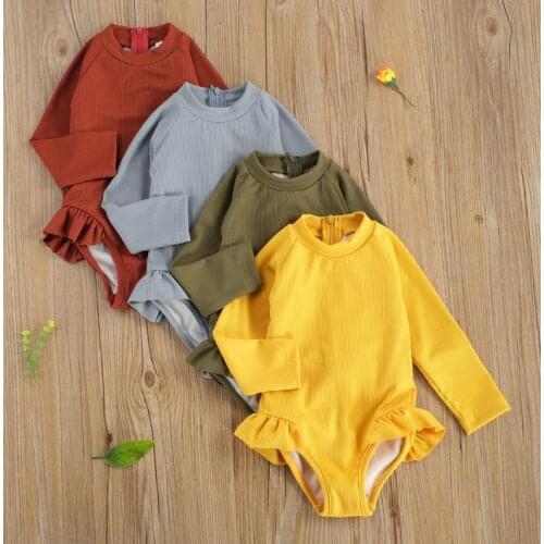 Casual New Kids Baby Girls Long Sleeve Zipper Swimsuit Solid Color Ruffle Zipper Rash Guard Solid Color Swimwear Bathing Suit
