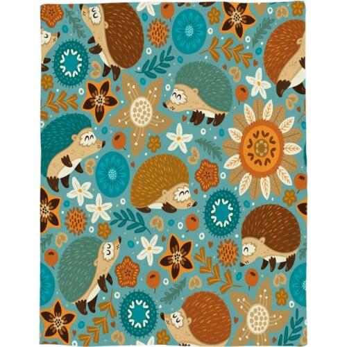 Hedgehog Animal Flowers And Leaves Animation Autumn Cartoon Coral Fleece Fuzzy Blankets on Bed Throws Bedsheet for Kids Girls