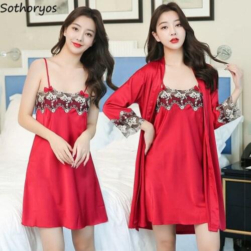 Women Robe Gown Sets Lace Patchwork Sexy Slender Females Lounge Large Size S-2XL Sleepwear Cozy Breathable Fashion Home Summer