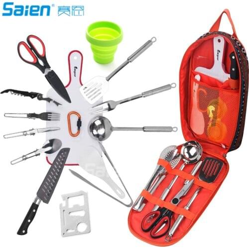 Camp Kitchen Utensil Organizer Travel Set - Portable 17 Piece BBQ Camping Cookware Utensils Travel Kit with Water Resistant