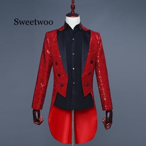 Red Mens Tailcoat Redingote Longue Homme Vintage Suit Jacket Long Tuxedo Vintage Men Dress Jackets Tuxedo