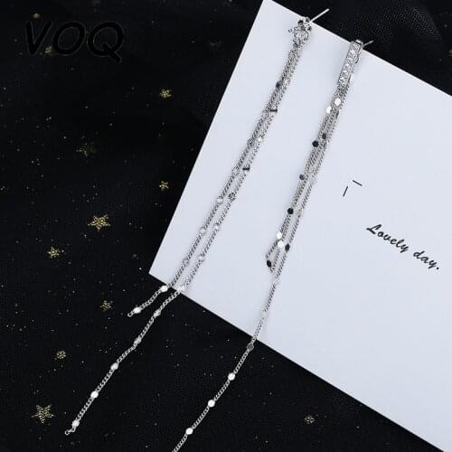 VOQ 925 Sterling Silver Exaggerated Long Chain Tassel Asymmetric Earrings for Women Banquet Statement Earrings