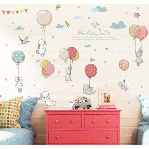 Cartoon Clouds DIY Mural Cute Balloon Rabbit Bunny Wall Sticker For Kids Room Decor Furniture Wardrobe bedroom Living Room Decal