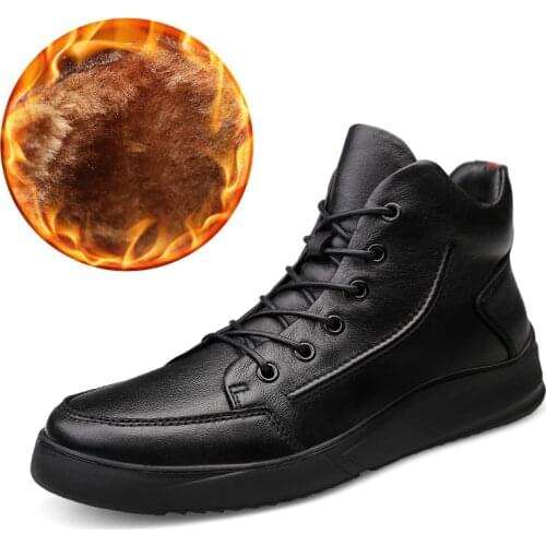 Men Boots Genuine Leather Autumn Leather Shoes Male High Top Motorcycle Boot Winter Boot Plush Fur Warm Snow Shoes