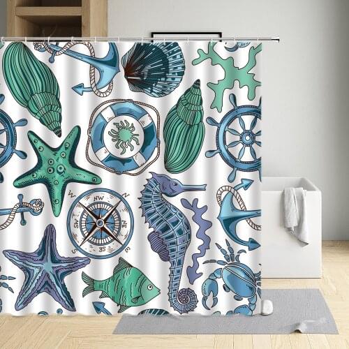 Navigation Sailboat Rudder Ocean Animal Shower Curtain Shell Starfish Hippocampus Aquatic Plants Coral Compass Seagull Lifebuoy