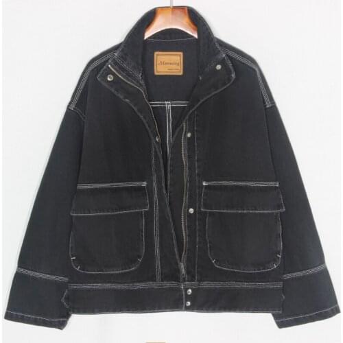 Autumn Fashion Women Vintage Batwing sleeve Loose Stand collar Bomber Denim jacket Streetwear Harajuku Washed Black Jean jacket