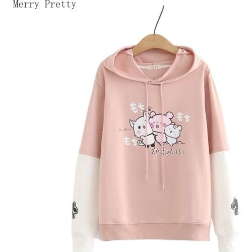 Harakuju Cartoon Print Patchwork Pullover Cotton Hooded Sweatshirt Women 2021 Summer Long Sleeve Female Drawstring Hoodies Top