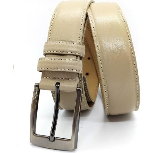 Genuine Soft Leather Handmade Beige Man Belt High Quality Calfskin For Pants Metal Buckle For Casual Gift For Valentines Day