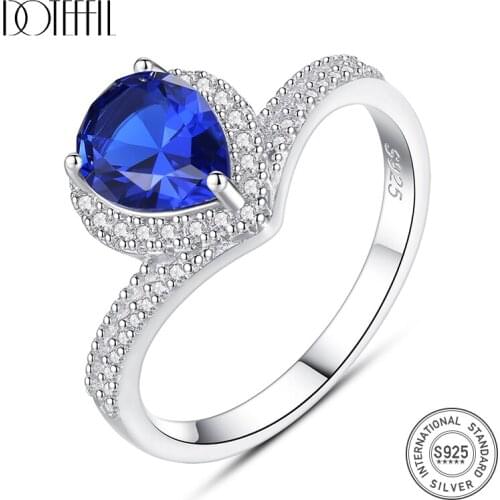 DOTEFFIL Luxury Teardrop Shape Blue Sapphire Ring 925 Solid Silver Fine Jewelry New Gift For Women Wedding Party Rings Jewelry