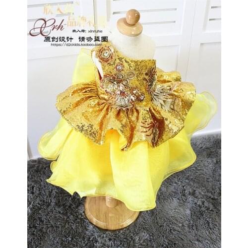 Real Picture Luxury Golden Yellow Lace Toddler Birthday Party Dresses Tutu Birthday Gowns One Shoulder Girls Celebrity Gowns