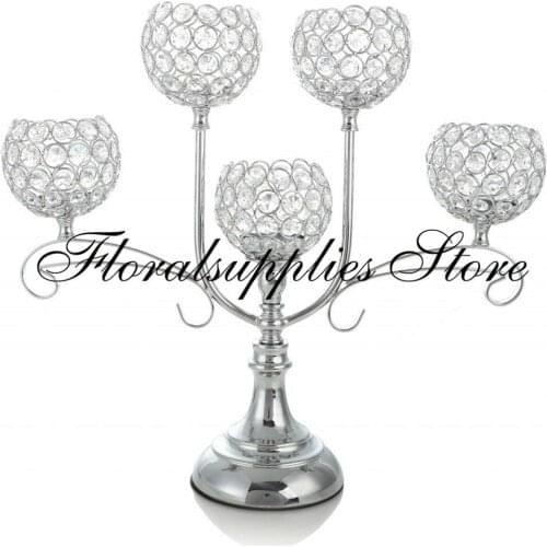 Silver Crystal Candelabra for Rustic Vintage Wedding Decor Metal 5 Candles Candle Holder Table Decorative Centerpiece
