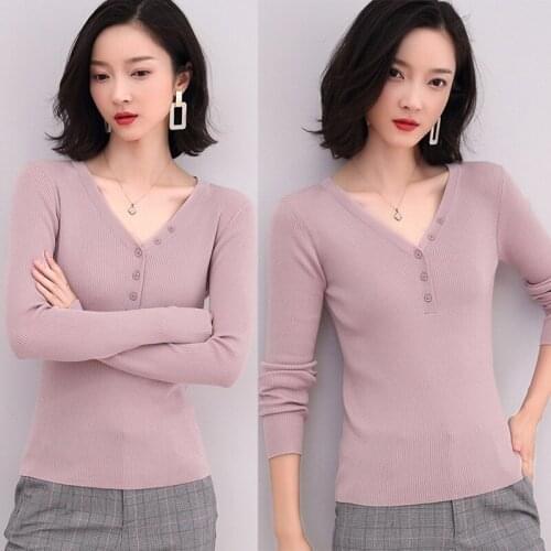 Kili Spring Fall New Knited Sweater Women Slim Pullover Long Sleeve V-Neck Knit Bottoming Shirt