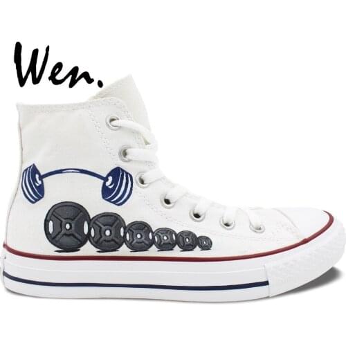 Wen Original Hand Painted Shoes Design Custom Barbell White High Top Men Womens Canvas Sneakers Boys Girls Birthday Gifts