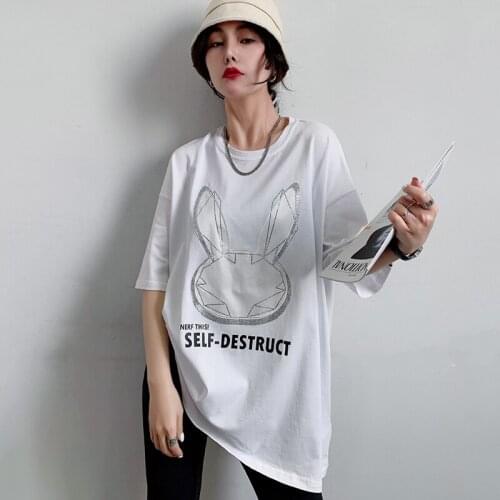 2021 new female applique Hot drilling t shirt short sleeve summer loose mid-length clothes Harajuku woman t shirt y2k top