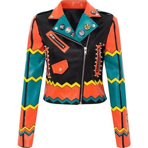 Women Punk Faux Leather PU Jacket Indian Pattern Graffiti Studded Rivet Fashion Streetwear Motorcycle Coat Y643