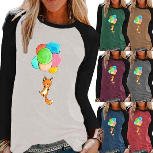 Autumn and Winter Fashion Womens Cartoon Print Casual Long-sleeved Color Block Top T-shirt Ladies Round Neck Pullover Top