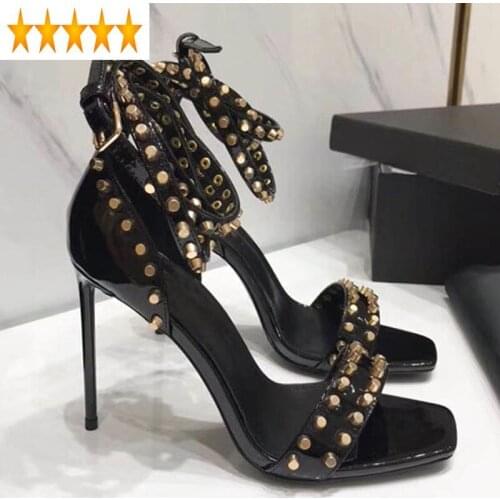 Womens Top Quality Womens Genuine Leather High Heels Pumps Sexy Studs Ankle Straps Summer Sandals 34-42 Dress Shoes