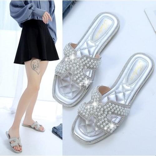 Women Fashion Sandals Beautiful Pearls Shinning Flat Slippers（Size 34-43