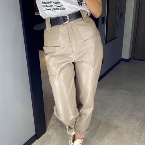 Womens Faux Leather High Waist Straight Pants Female Boyfriend Loose Wide Leg Trousers Black Fashion PU 2020 Clothing