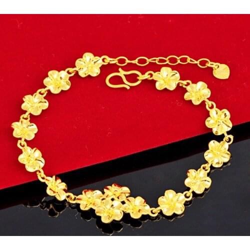 24K Yellow Gold Bracelet For Women Sand Gold Flower Bracelets Charm Chain for Wedding Engagement Fine Jewelry pulseras mujer