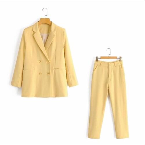 Yellow Solid Oversized Loose Womens Suits Blazer with Pants Fashion Streetwear Office Lady Notched Double Breasted New Autumn