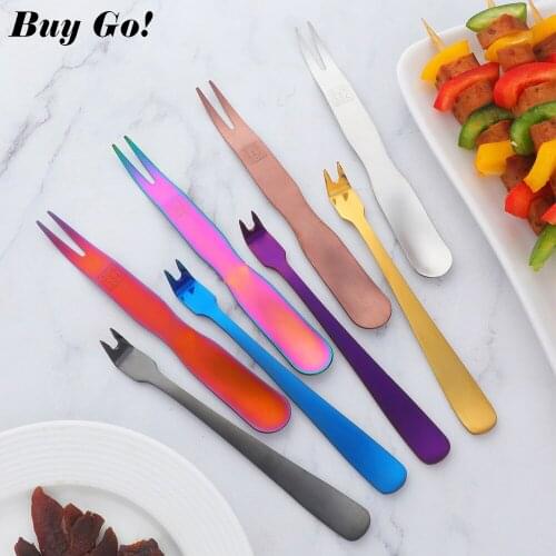 1PC Multi-functional Stainless Steel Dumpling Spoon Ice Cream Fruit Fork Mini Barbecue Gold Meat Fork for Kitchen Party Picnic