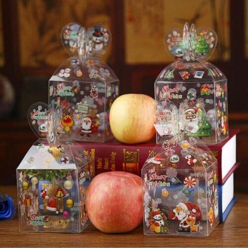 200pcs Christmas Even Clear Gift Box Xmas Printed Snowman Elk Santa Xmas Tree Treats Sweets Candy Apple Boxes Favors Wrap
