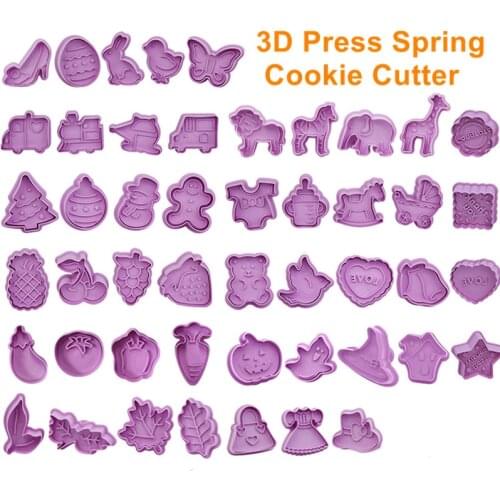 12Styles 4 Pcs/Set DIY 3D Press Spring Cookie Cutter Biscuit Mould Cartoon Stamp Plastic Baking Mould Cookie Decorating Tools