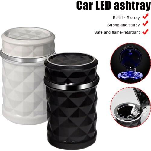 Car/Auto Ashtray Cigarette Smoke Ash Tray with Solar LED Blue Light Press-Type Lid Smokeless Fire Proof Metal Cigarette Holder