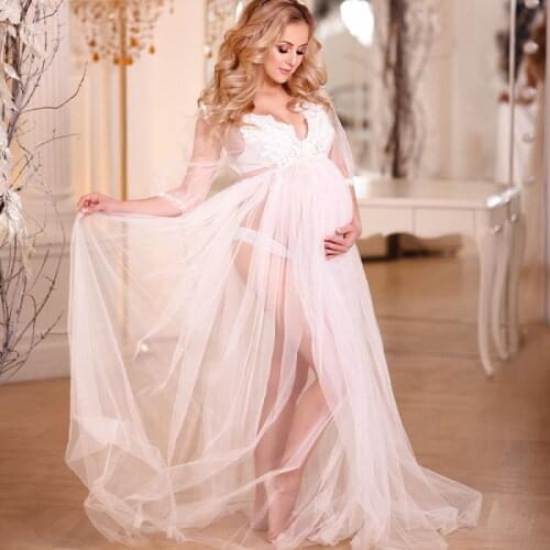 White Illusion Maternity Dresses Long Sleeves Tulle Maternity Gown for Photoshoot Boudoir Lingerie Bathrobe Nightwear Babydoll