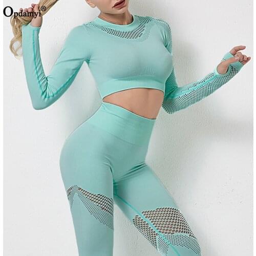 Seamless Yoga Set Women Gym Fitness Yoga Clothing Sports Wear Mesh Female Workout Leggings&Top Long Sleeve Training Tights Wear