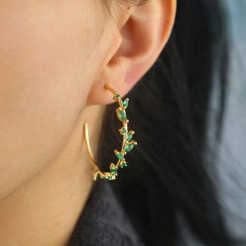 Large round fashion rainbow cz jewelry accessories hoop earring with colorful cz paved leaf shape filigree earring