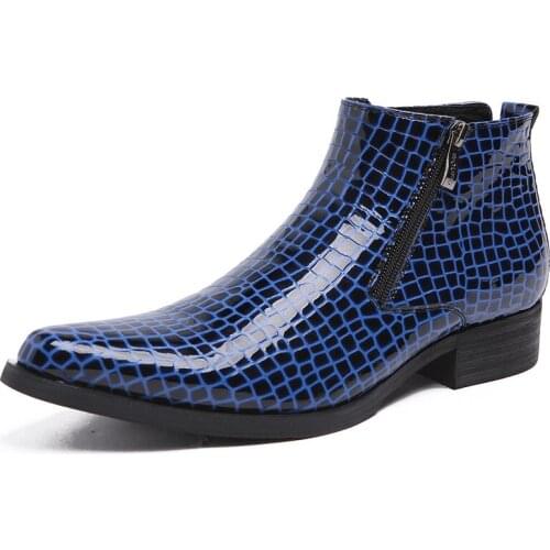 Fashion Men Oxford Boots Genuine Cow Leather Double Zipper Black Blue Ankle Boots Mens Wingtip Crocodile Pattern Chelsea Boots